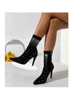 New Black Microsuede Rhinestone Pointed-Toe Stiletto Zipper High-Ankle Boots 41